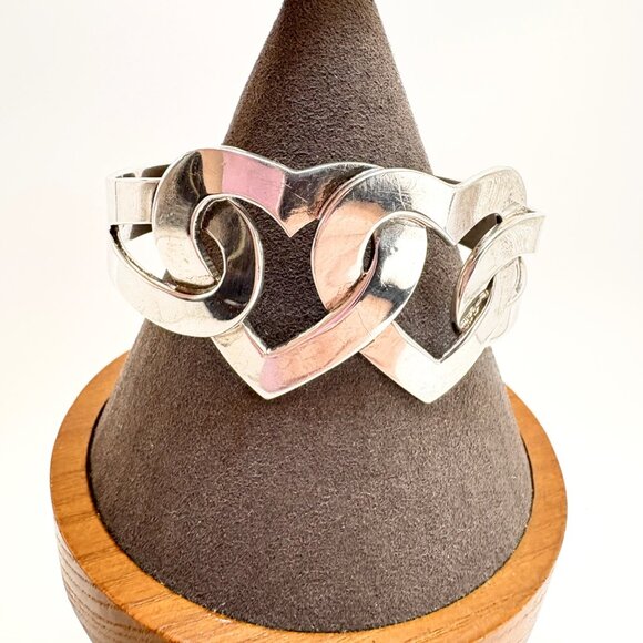 VTG Solid Sterling Silver 925 Heart Link Open Cuff Bracelet Size 7.5" Fit - Picture 4 of 14